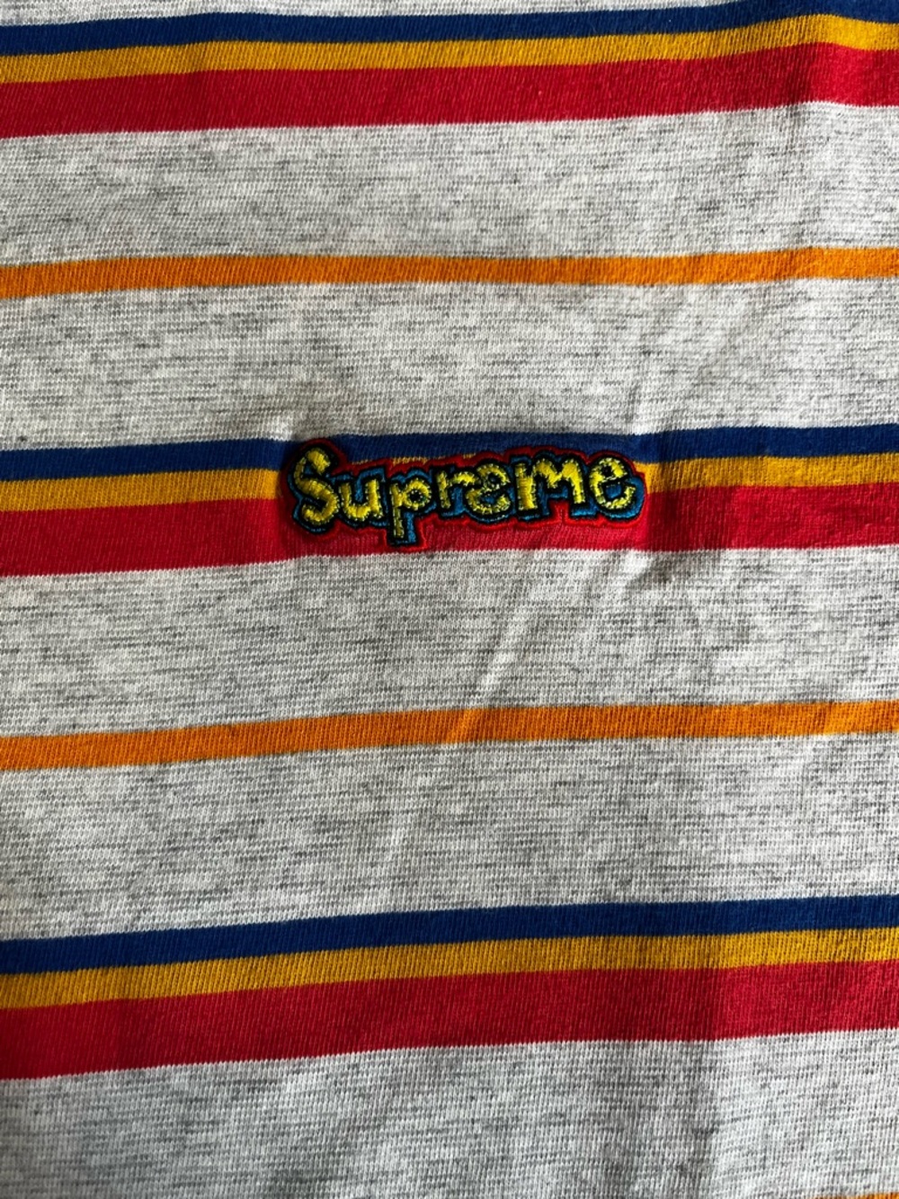 Supreme SS18 Heather Gray Gonz logo Tee with Red, Blue & Yellow Stripes XL